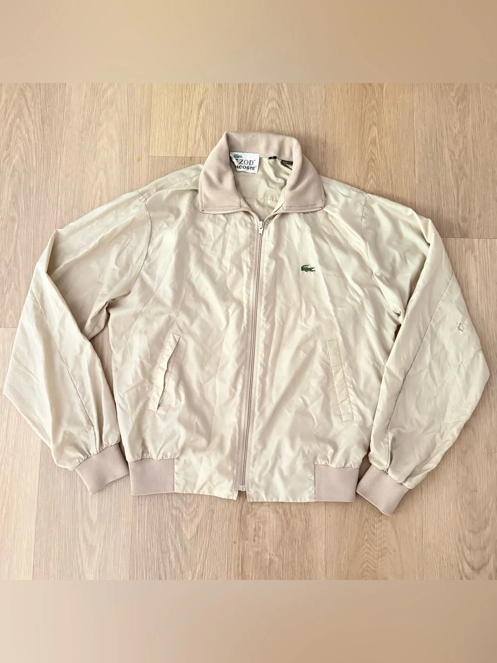 Lacoste Men's Light Beige Zip Bomber Jacket with Green Crocodile